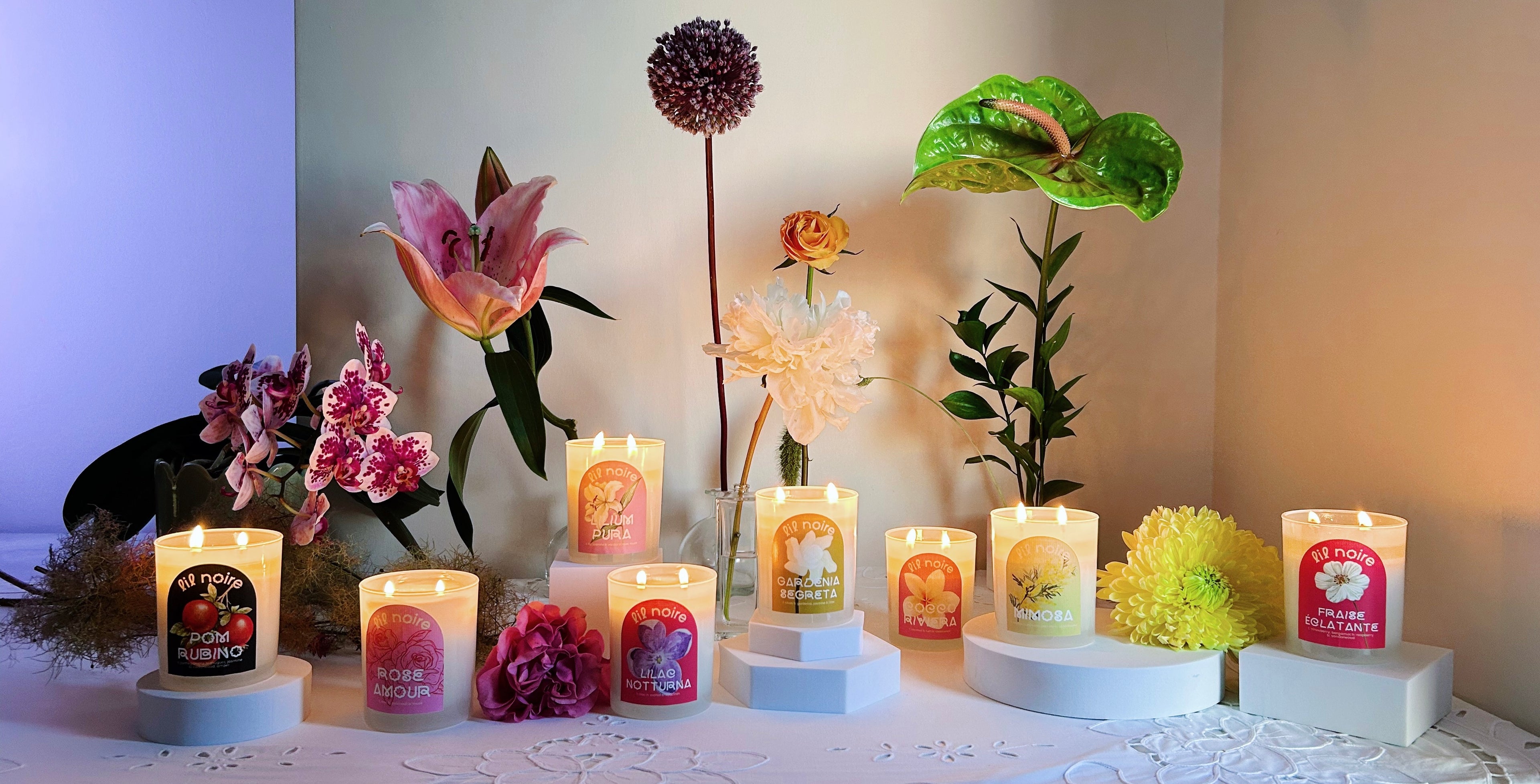 lil noire candles with flower set up 